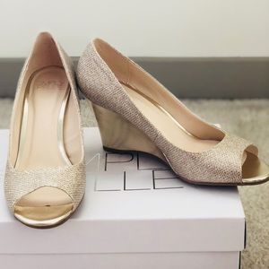 Wendie Gold Sparkle Peep-Toe Wedge, Size 7